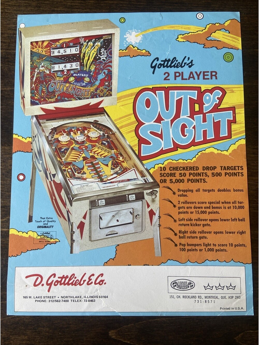 Gottlieb Out Of Sight Arcade Pinball FLYER Original Ad Promo Poster Not PCB